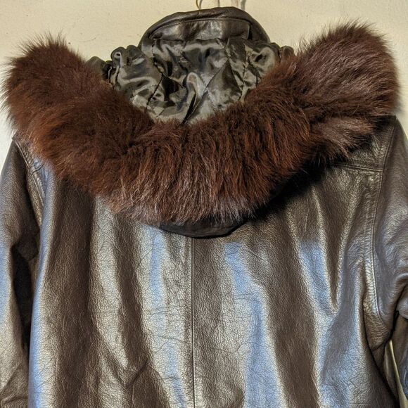 Vintage Jacqueline Ferrar leather coat Small fur trim detachable hood brown - Picture 5 of 9
